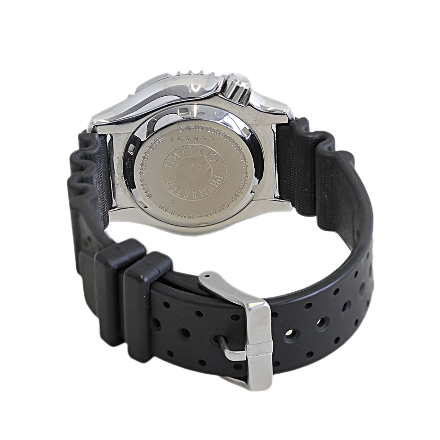 Citizen Promaster Uhr, schwarzes Armband, Edelstahlgehäuse, Rückansicht, Nahaufnahme