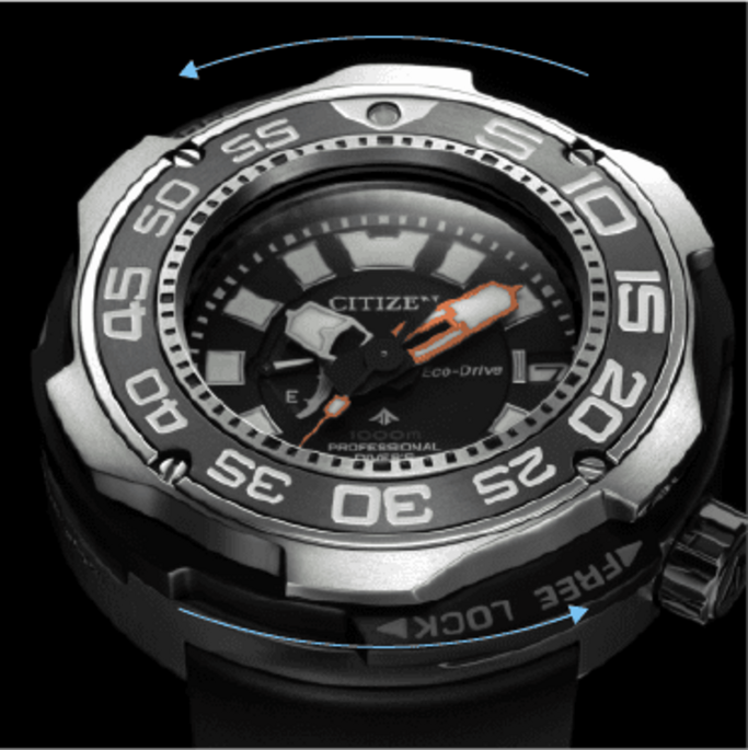 Citizen-Uhr mit drehbarer Lünette, Eco-Drive und Tiefenbewertung von 1000 m, mit Verriegelung.