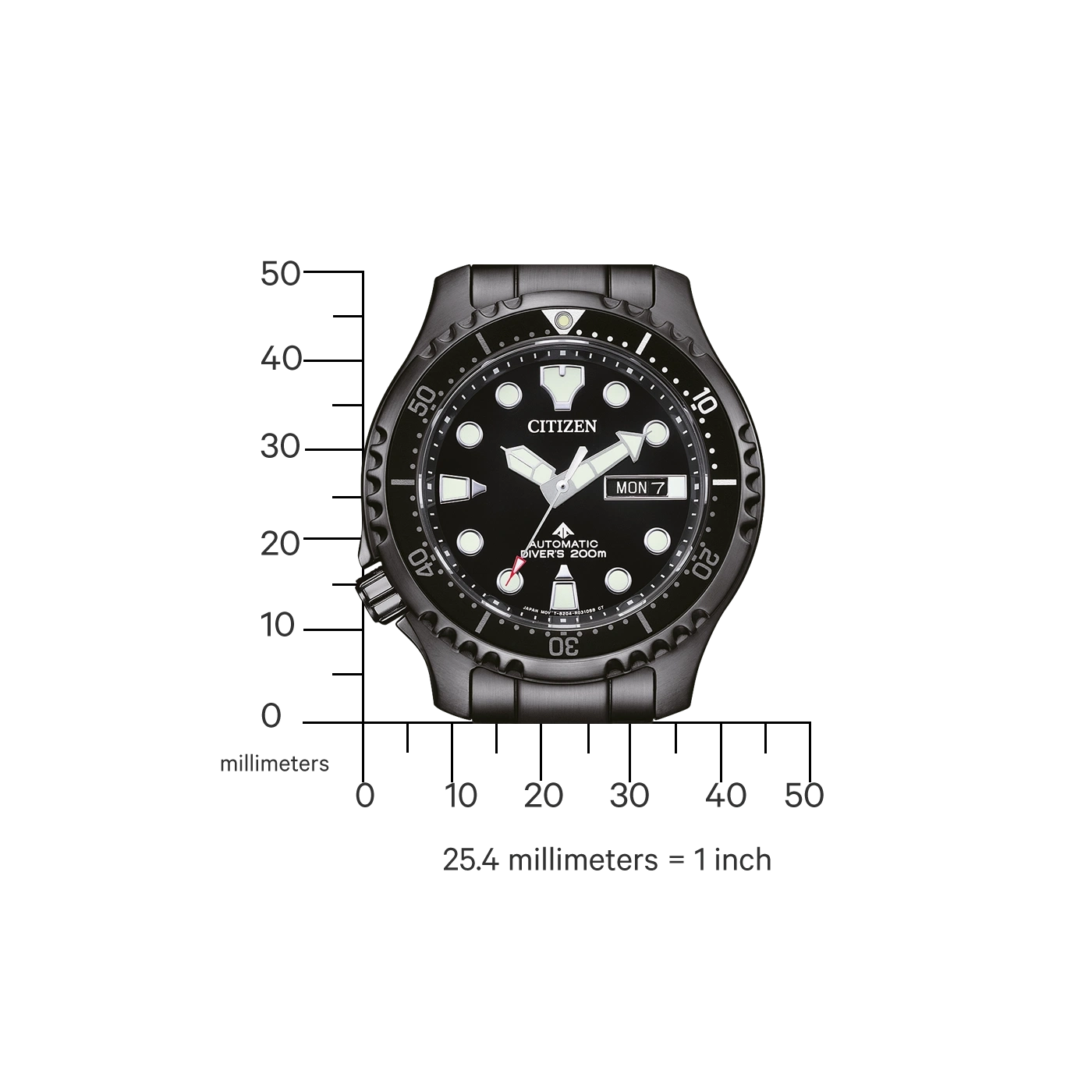 Citizen-Uhr mit schwarzem Zifferblatt, Taucheruhr, mit Datumsanzeige und Skala.