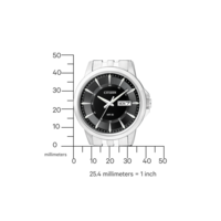 Citizen-Uhr mit schwarzem Zifferblatt, silbernem Armband und Tagesanzeige. WR 50.