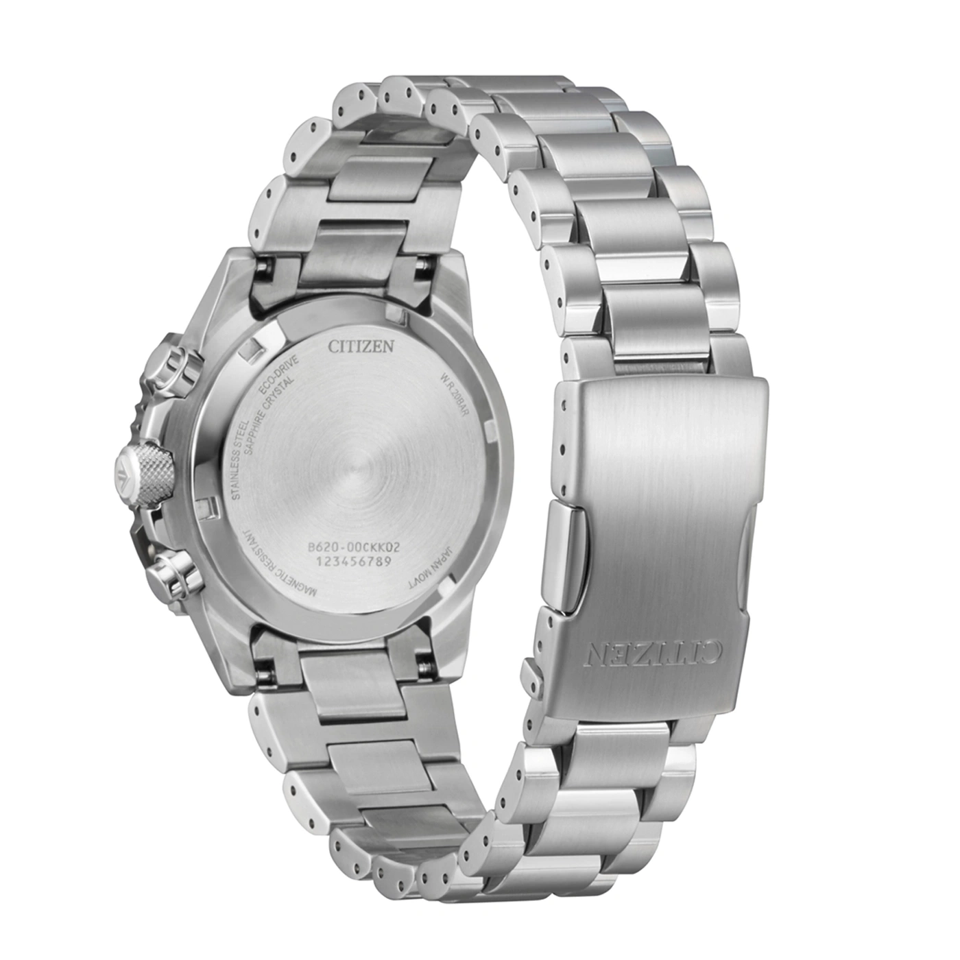 Rückansicht einer Citizen Eco-Drive-Uhr aus Edelstahl mit Metallarmband.