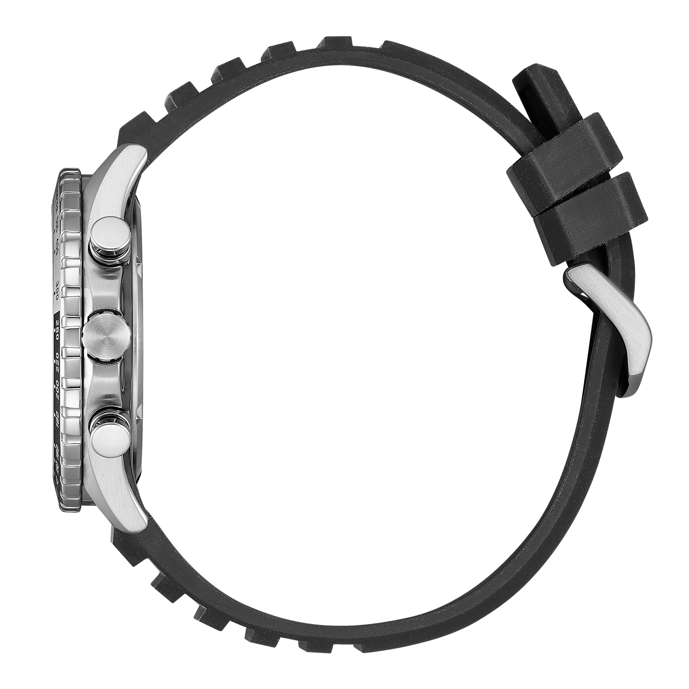 Seitenansicht eines schwarzen Kautschuk-Uhrenarmbands mit silbernem Uhrengehäuse.