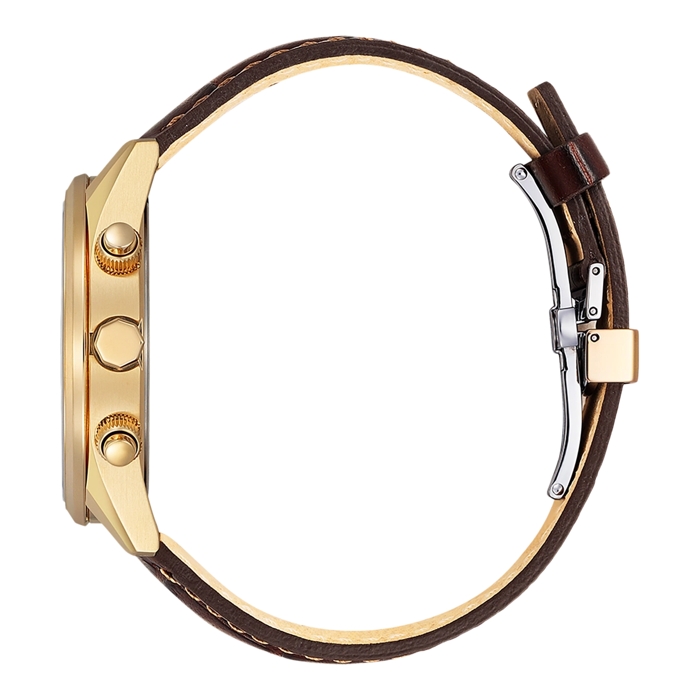 Goldene Uhr mit braunem Lederarmband, Seitenansicht, Nahaufnahme