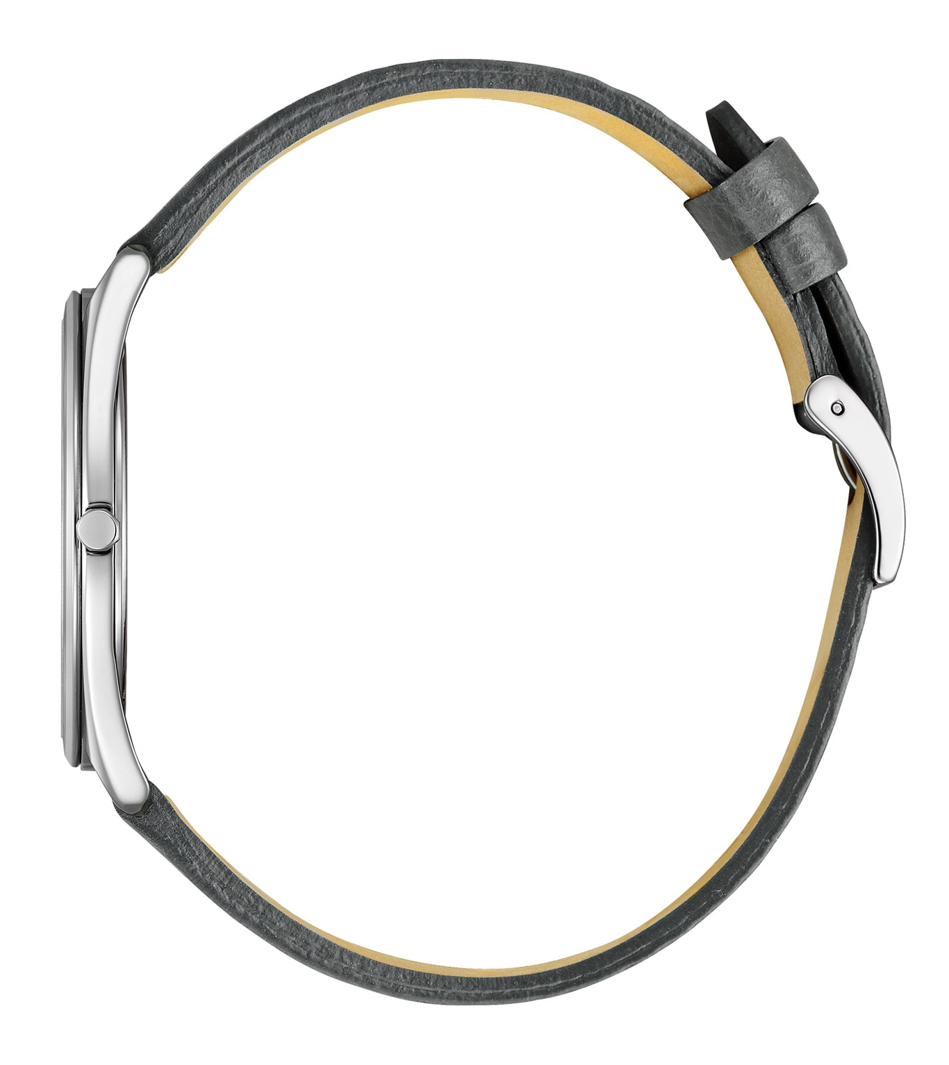 Seitenansicht einer silbernen Uhr mit grauem Lederarmband.