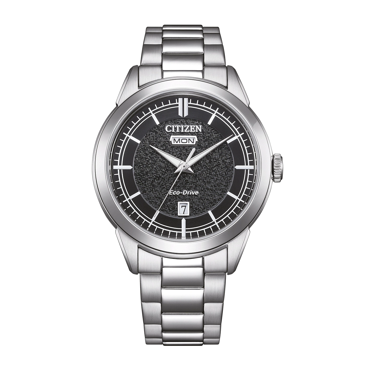 Eine silberne Citizen Eco-Drive Uhr mit schwarzem Zifferblatt und Tages-/Datumsanzeige.