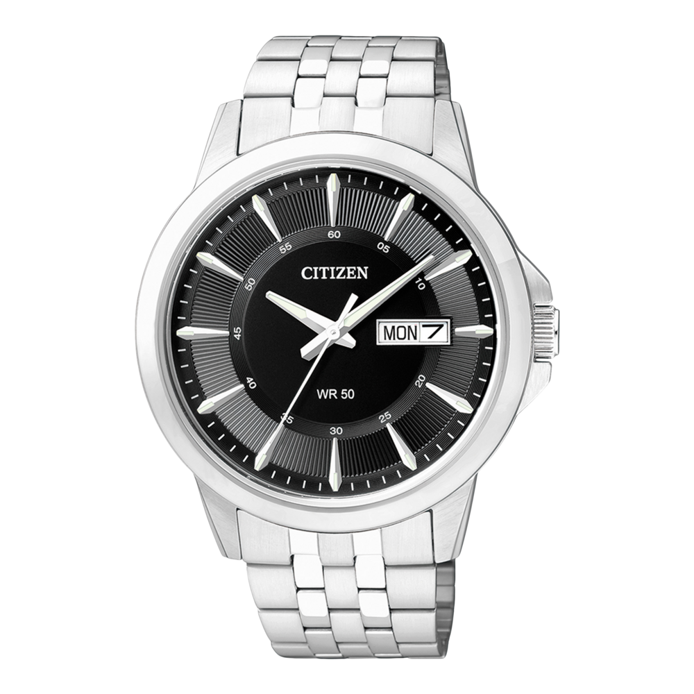 Citizen-Uhr mit schwarzem Zifferblatt, silbernem Armband und Tages-/Datumsanzeige.