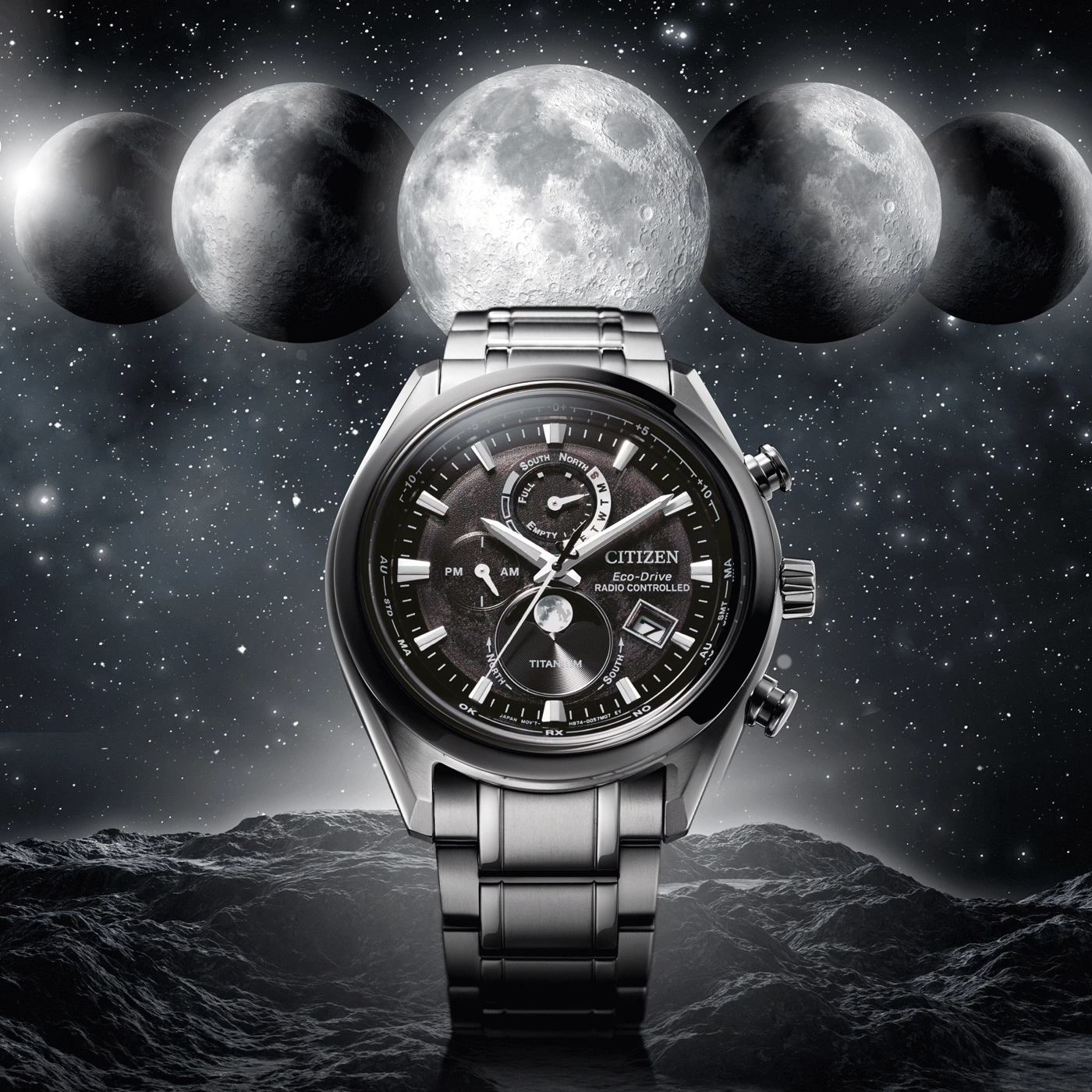 Citizen-Uhr mit Monden im Weltraum, Eco-Drive, funkgesteuert, Titan.