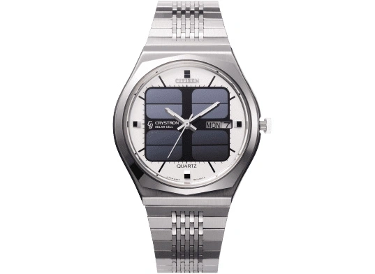 Citizen Crystron Solarzellen-Uhr mit silbernem Armband und weißem Zifferblatt