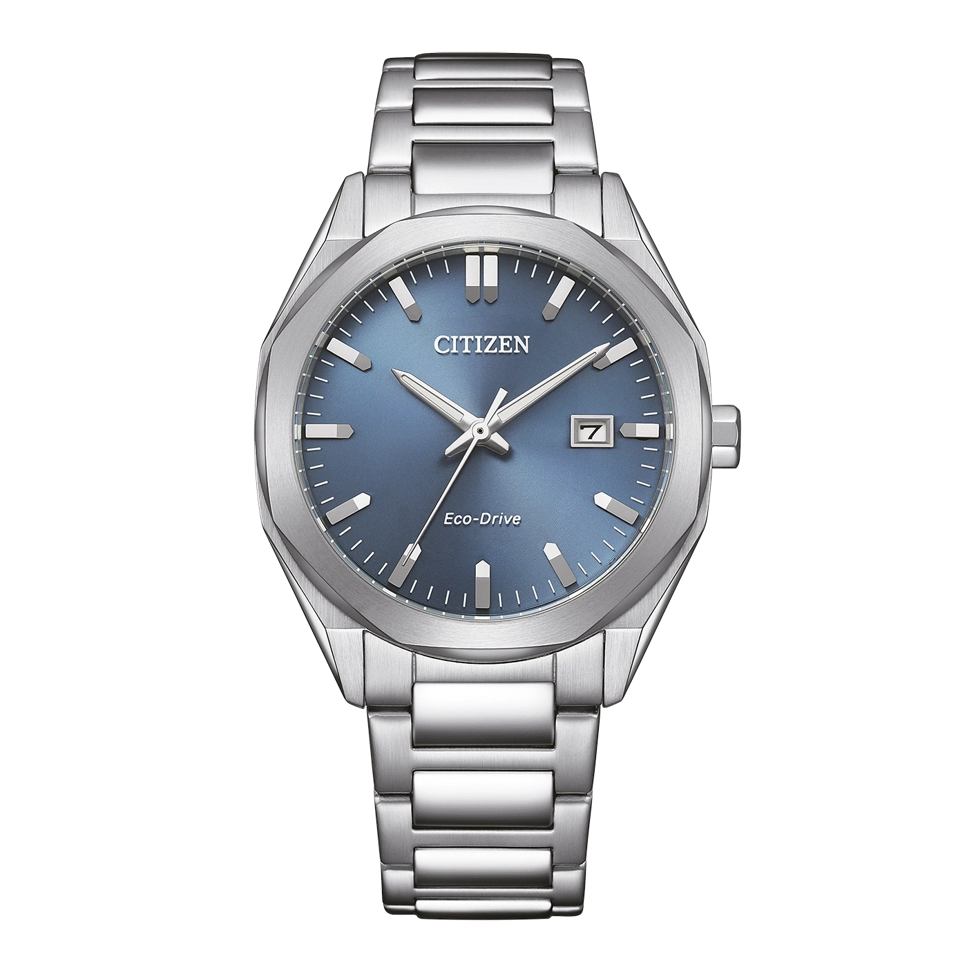 Eine silberne Citizen Eco-Drive Uhr mit blauem Zifferblatt und Datumsanzeige.