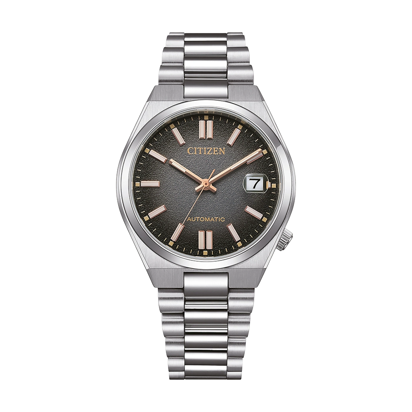 Citizen-Uhr mit schwarzem Zifferblatt und silbernem Armband, Automatikwerk.