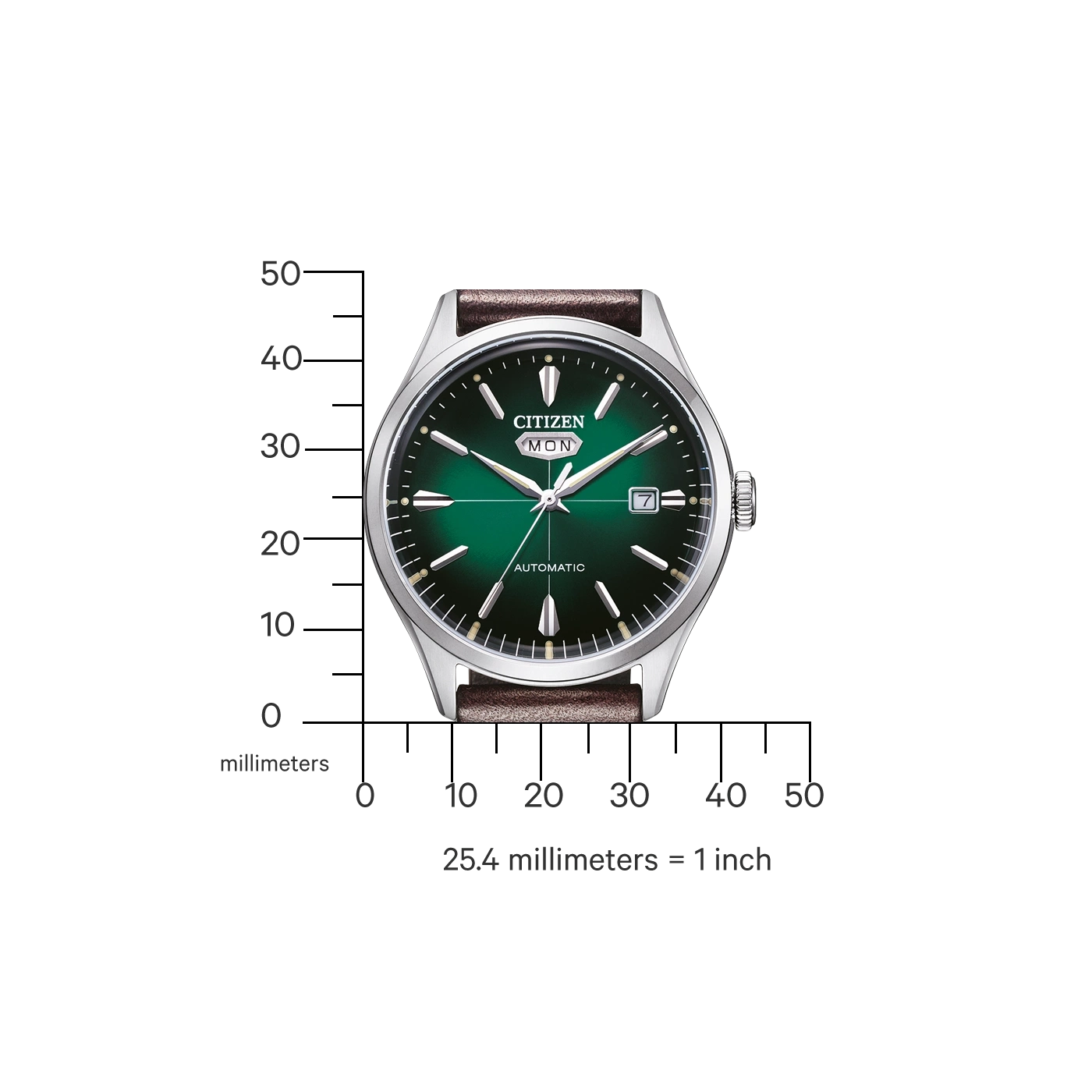 Citizen-Uhr mit grünem Zifferblatt, braunem Armband und Maßstab.