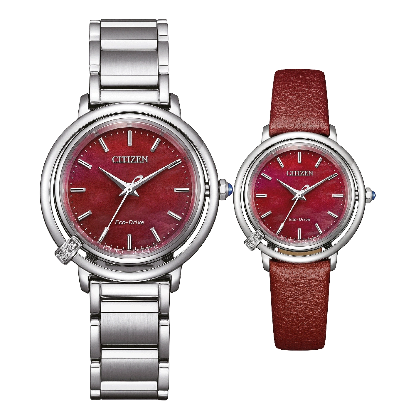 Zwei Citizen-Uhren mit roten Zifferblättern und silbernen und Lederarmbändern.