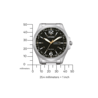 Citizen-Uhr mit schwarzem Zifferblatt, silbernem Armband und Datumsanzeige. Eco-Drive-Technologie.