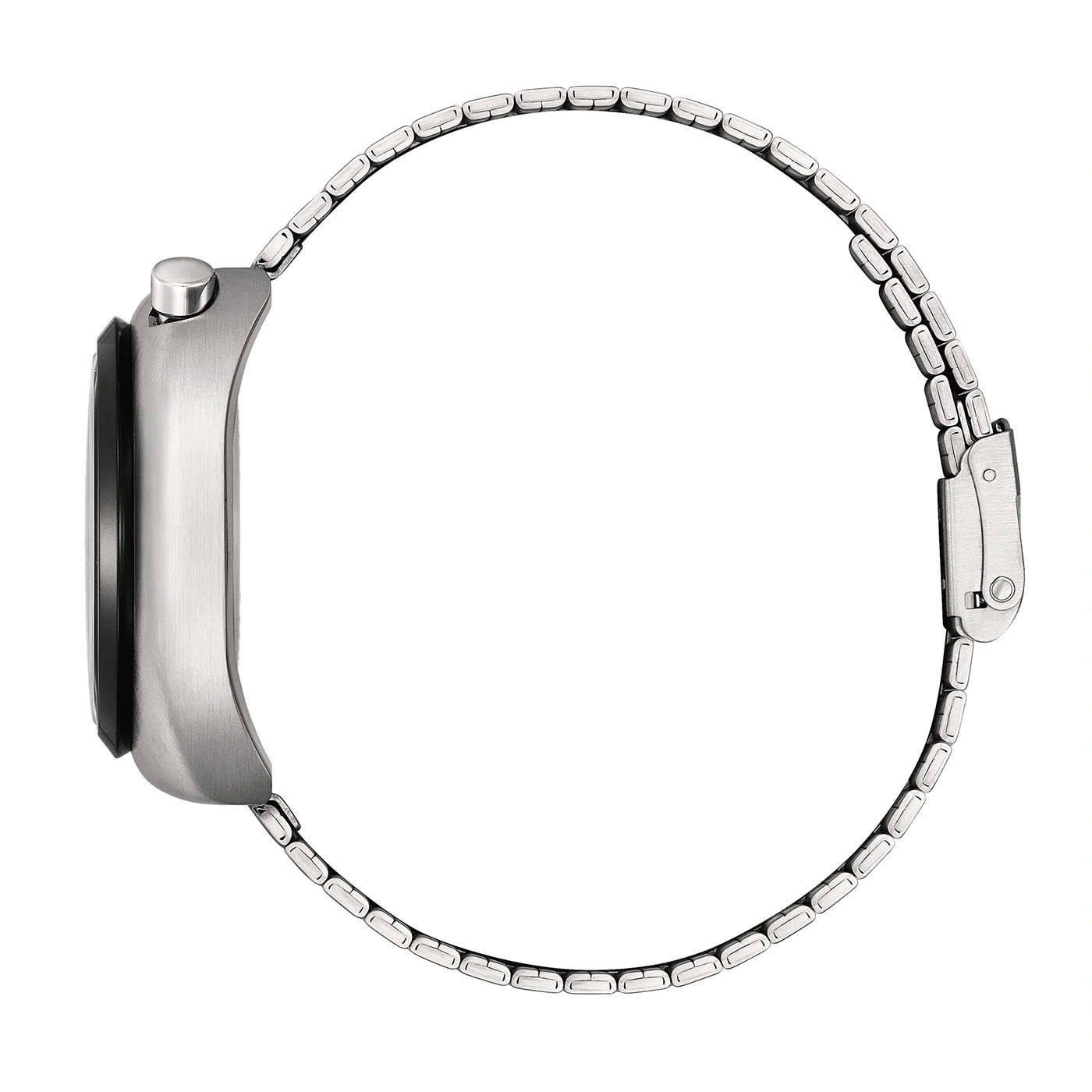 Seitenansicht einer silbernen Uhr mit Metallarmband.