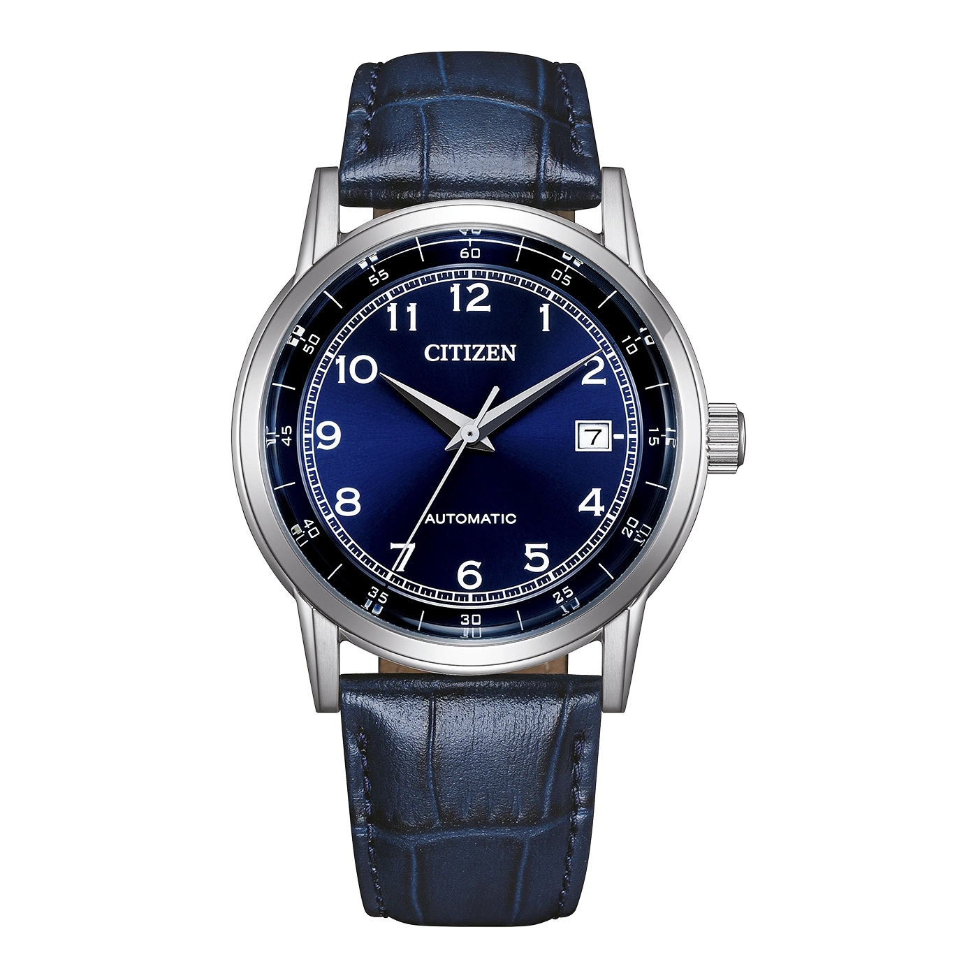 Eine blaue Citizen Automatik-Uhr mit Lederarmband.