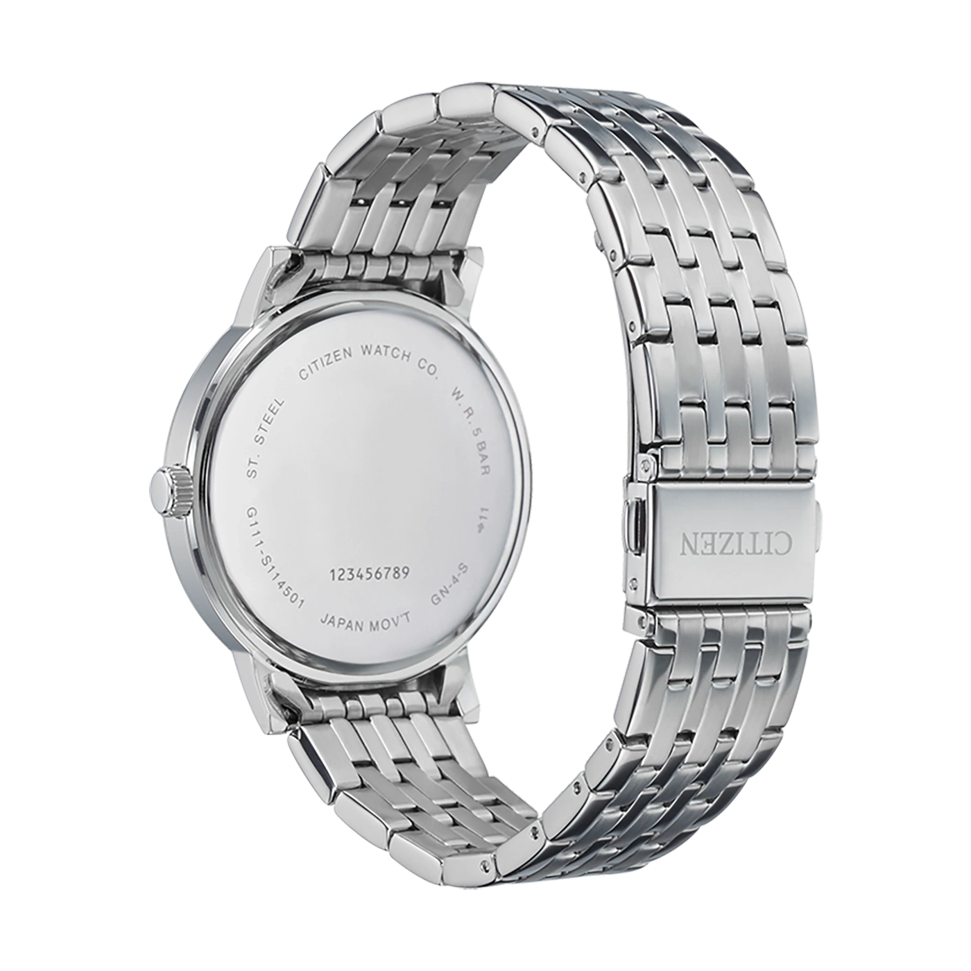 Citizen-Uhr, Edelstahl, Rückansicht, mit Markennamen und Details.