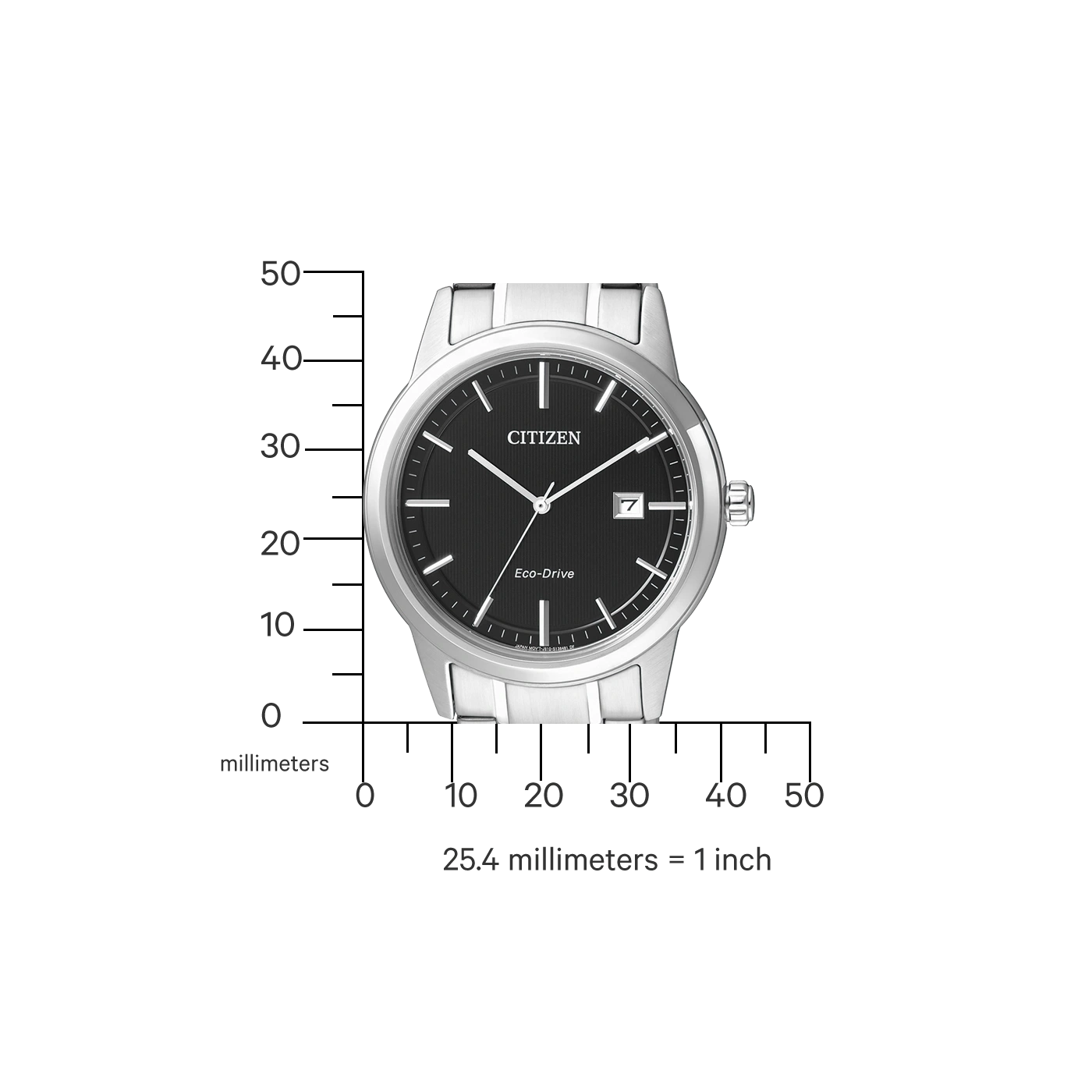 Citizen-Uhr mit schwarzem Zifferblatt, Datumsanzeige und silbernem Armband. Eco-Drive-Technologie.