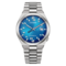 Eine blaue Citizen Automatik-Uhr mit Datumsfenster und Metallband.