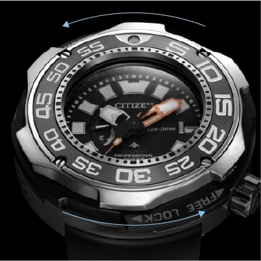 Citizen-Uhr mit drehbarer Lünette, Eco-Drive und Tiefenbewertung von 1000 m, mit Verriegelung.