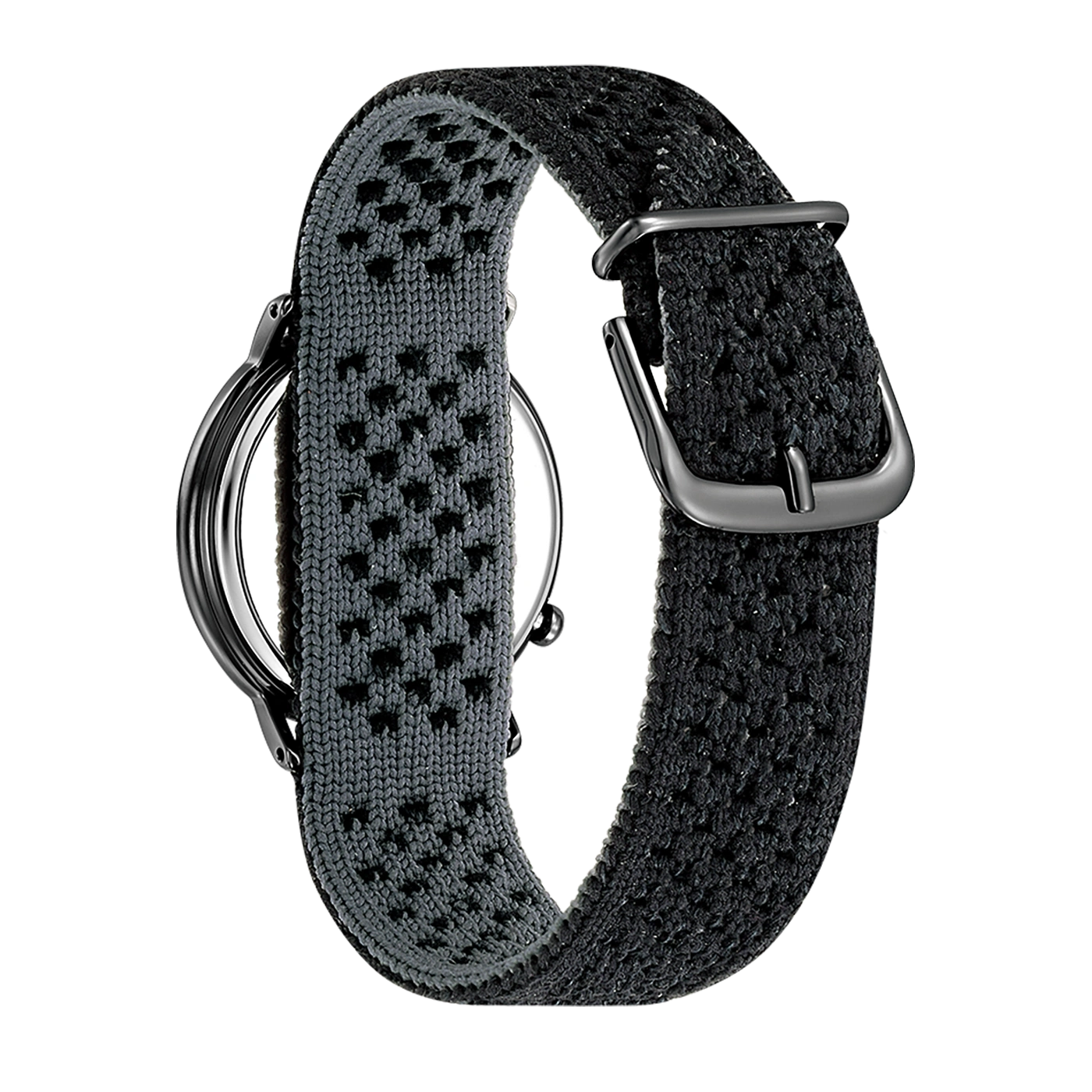 Nahaufnahme einer schwarzen Uhr mit grau-schwarzem Armband.