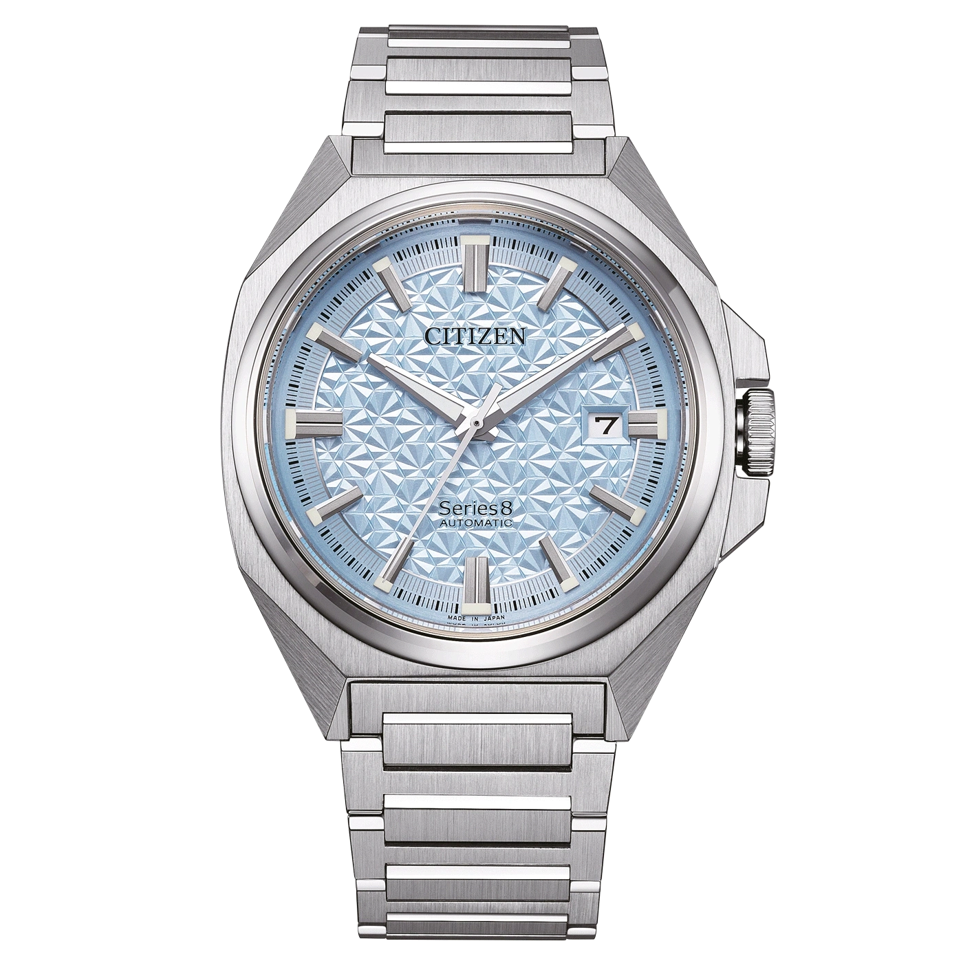 Citizen Series 8 Automatikuhr mit hellblauem Zifferblatt und silbernem Armband.