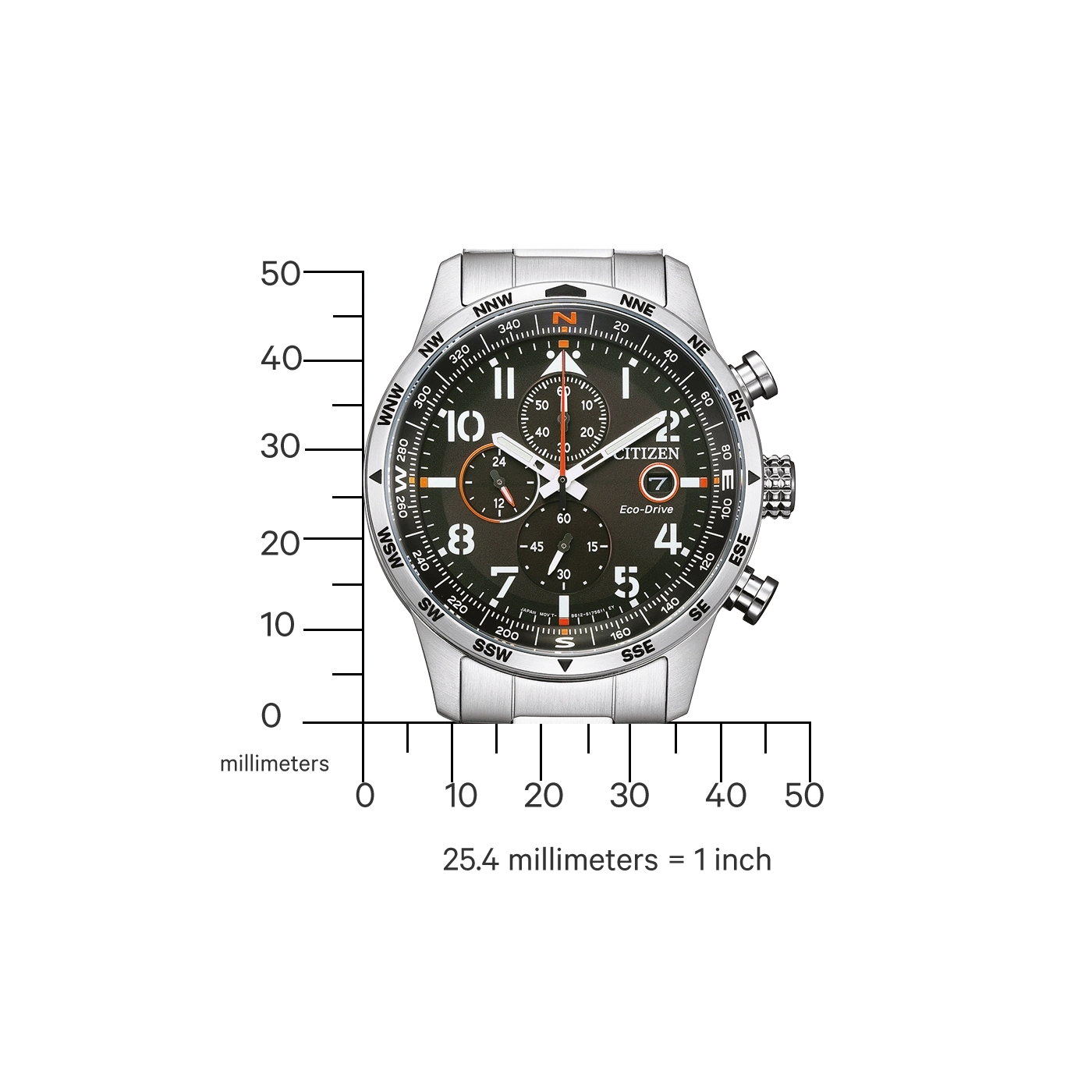 Citizen-Uhr mit Kompass- und Chronographenfunktionen, Edelstahl, Eco-Drive-Technologie.