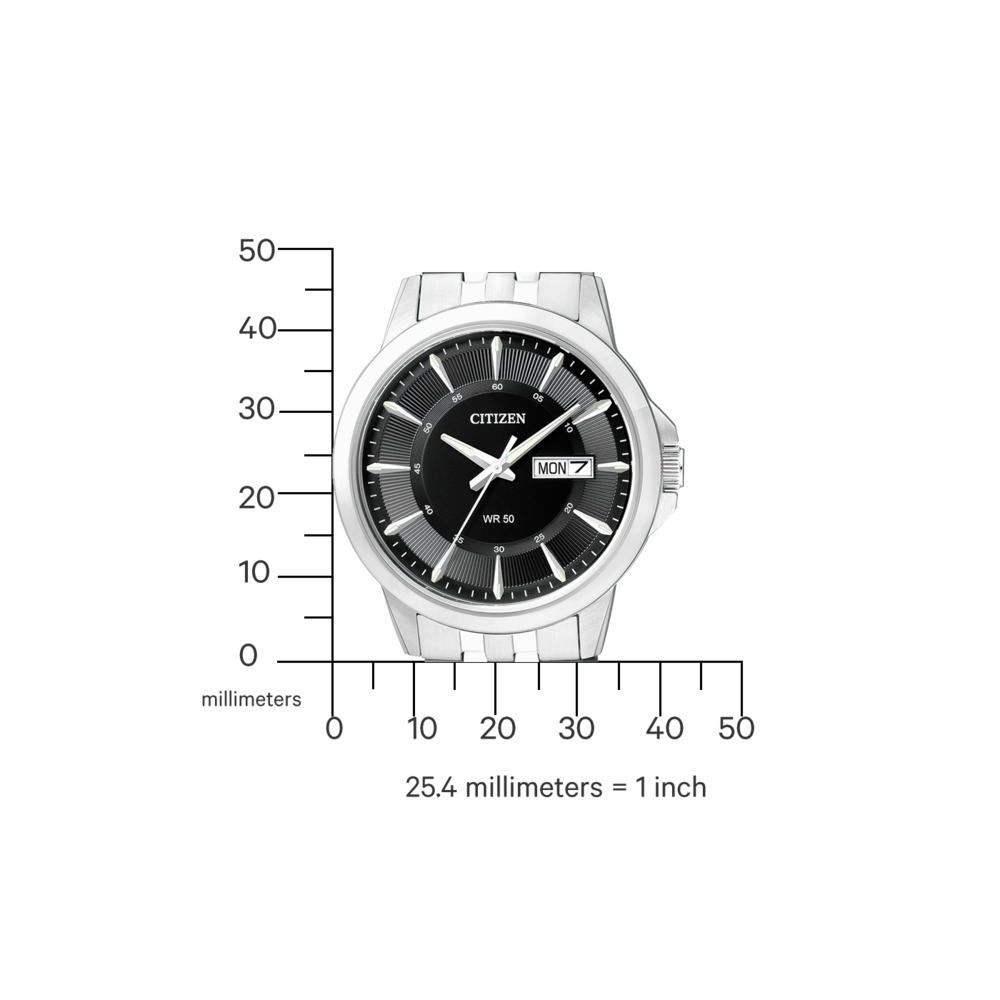 Citizen-Uhr mit schwarzem Zifferblatt, silbernem Armband und Tagesanzeige. WR 50.