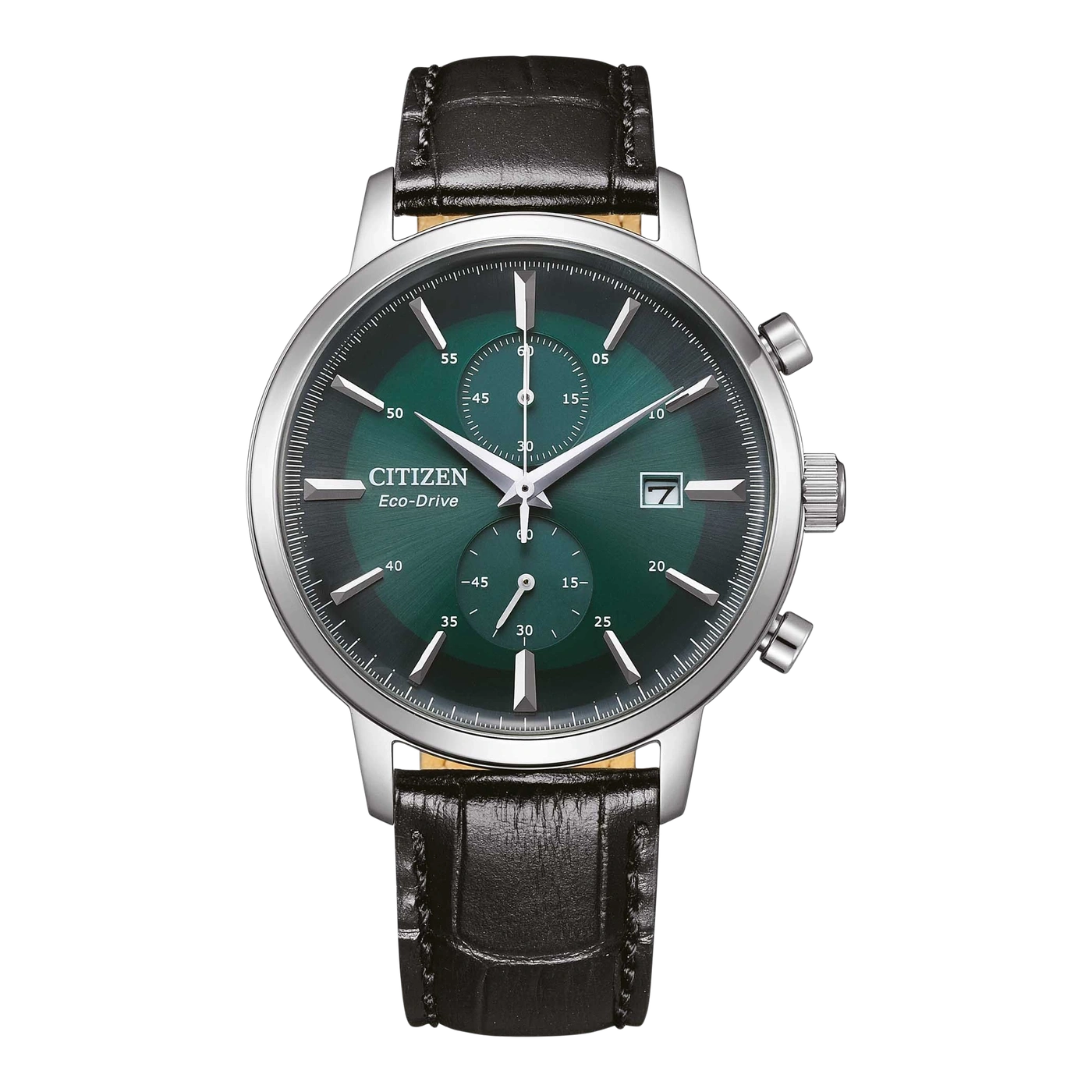 Citizen Eco-Drive Uhr mit grünem Zifferblatt und schwarzem Lederarmband.