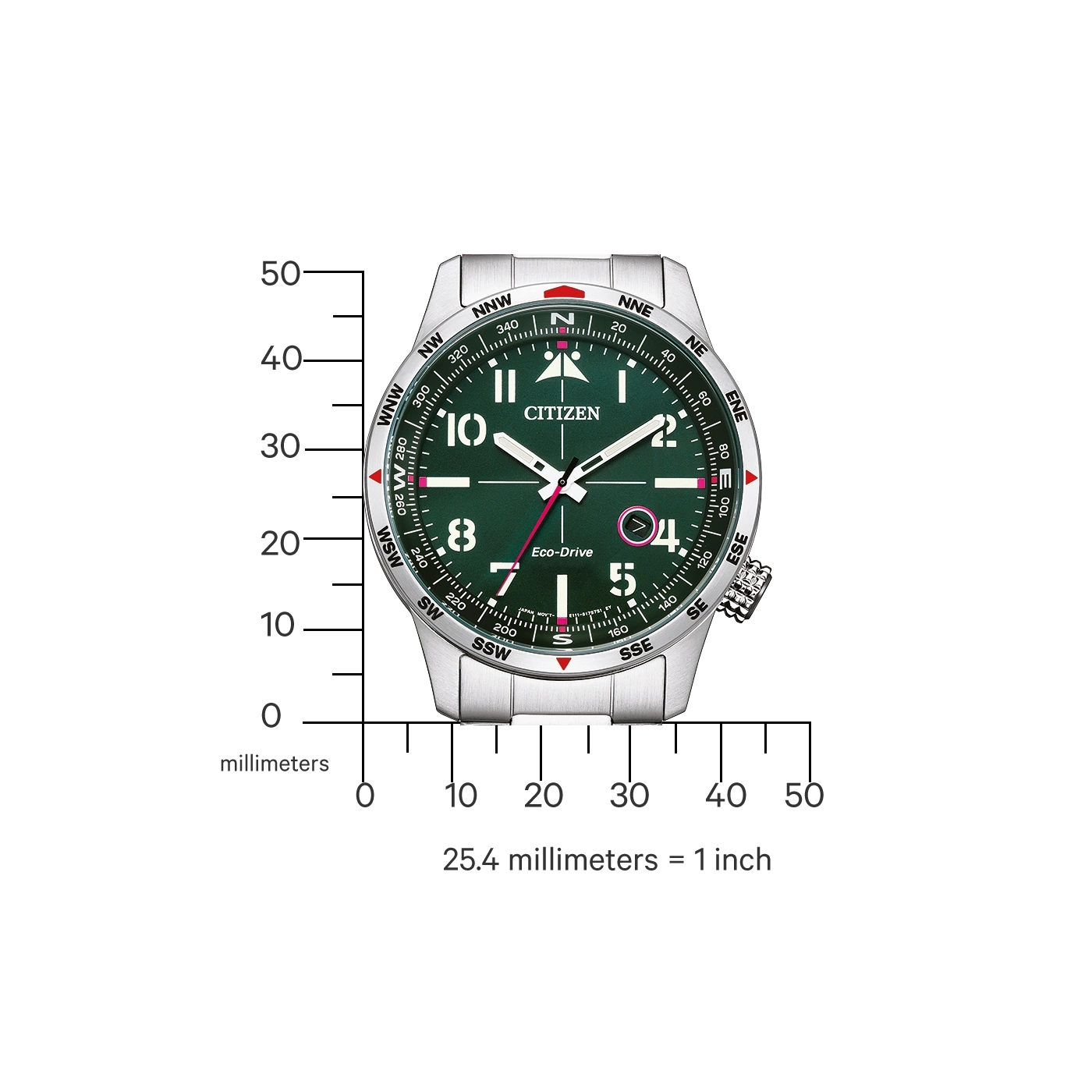 Citizen-Uhr mit Kompass und Eco-Drive-Technologie, grünes Zifferblatt, silbernes Gehäuse.