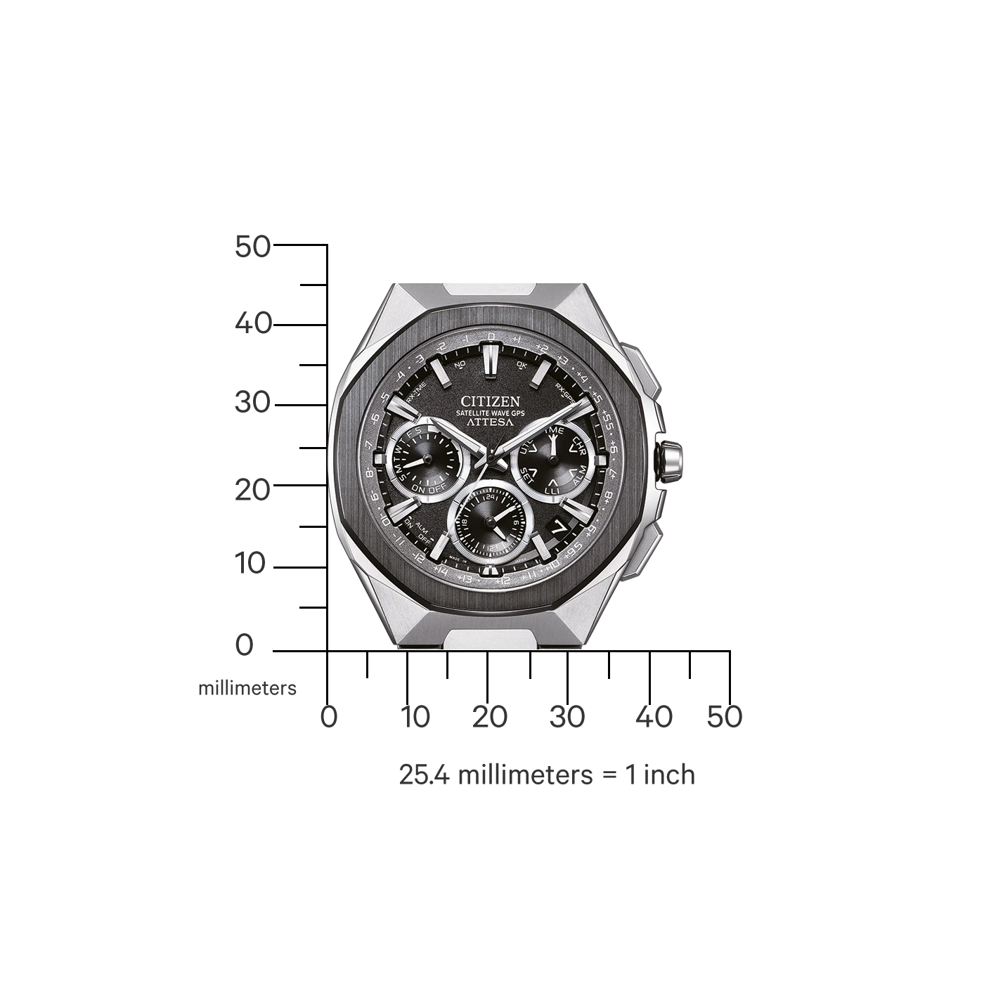 Citizen Attesa Uhr mit Skala, die Millimeter und Zoll zum Größenvergleich zeigt.