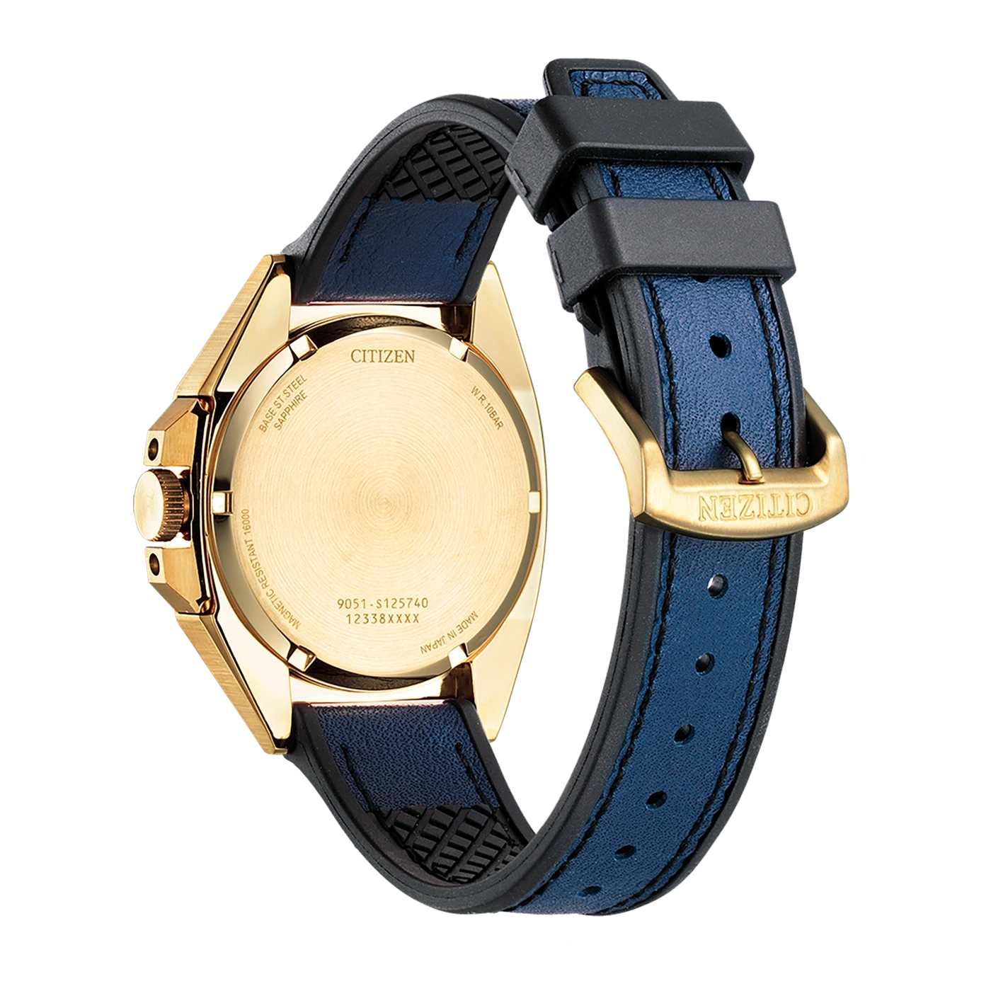 Citizen-Uhr mit goldenem Gehäuse, blauem Armband und Markendetails auf der Rückseite.