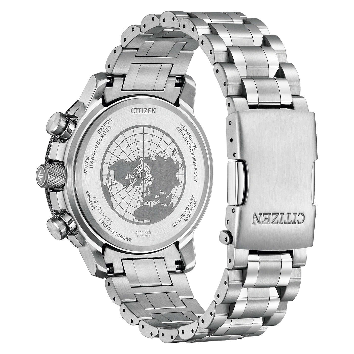 Citizen-Uhr, Edelstahl, Eco-Drive, funkgesteuert, wasserdicht, mit Weltkarte auf dem Zifferblatt.