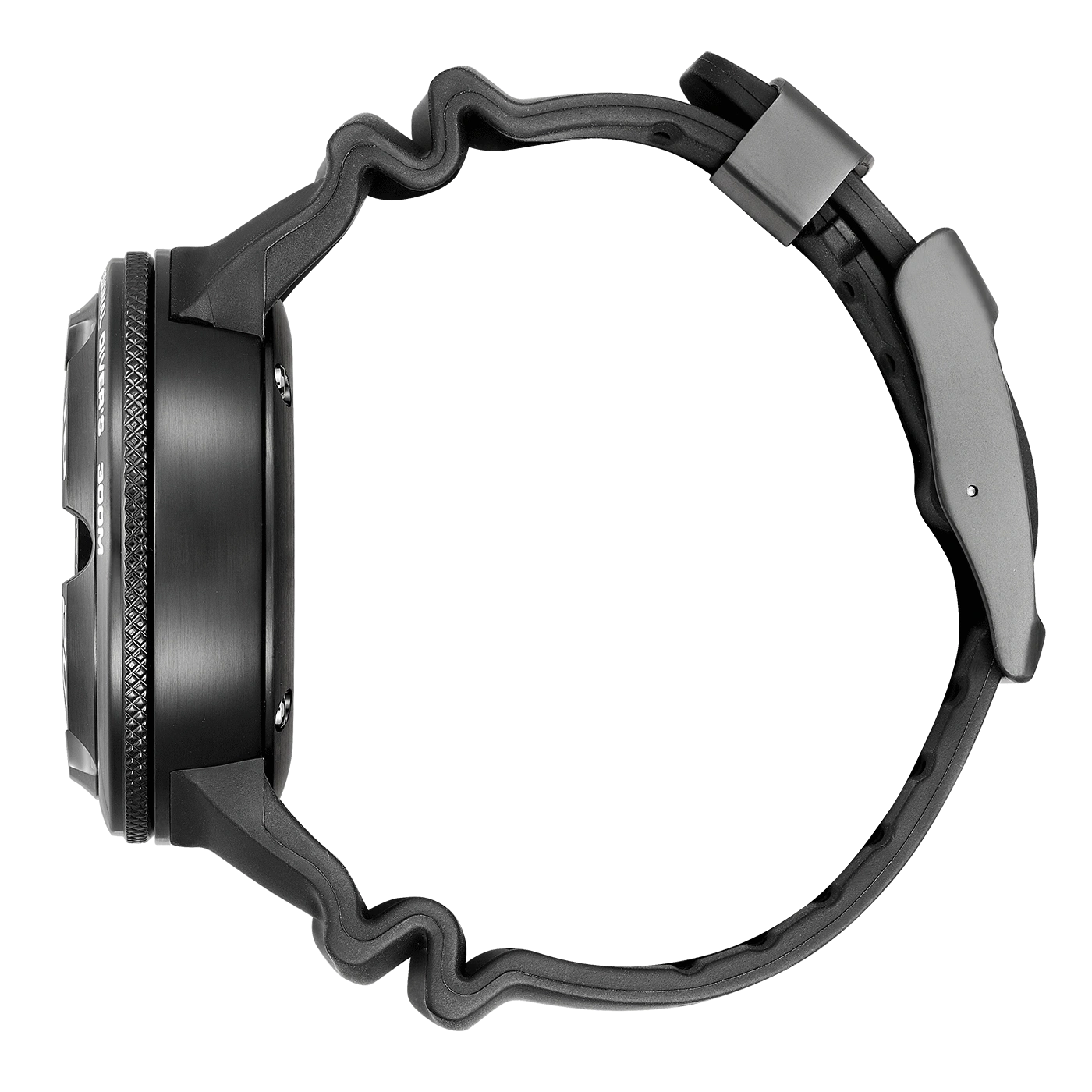 Schwarze Uhr mit gewelltem Armband, Seitenansicht, isoliert auf weißem Hintergrund.