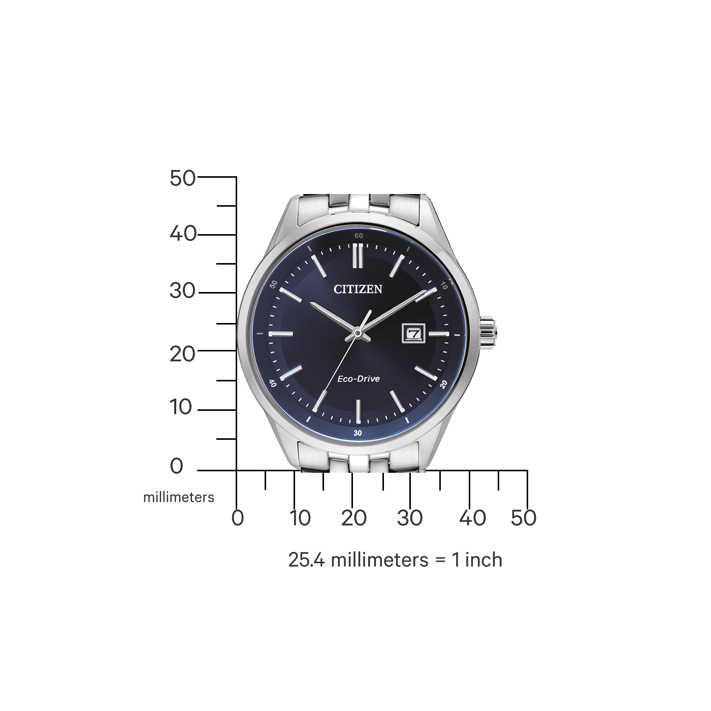 Citizen-Uhr mit dunkelblauem Zifferblatt und silbernem Armband, Eco-Drive-Technologie.