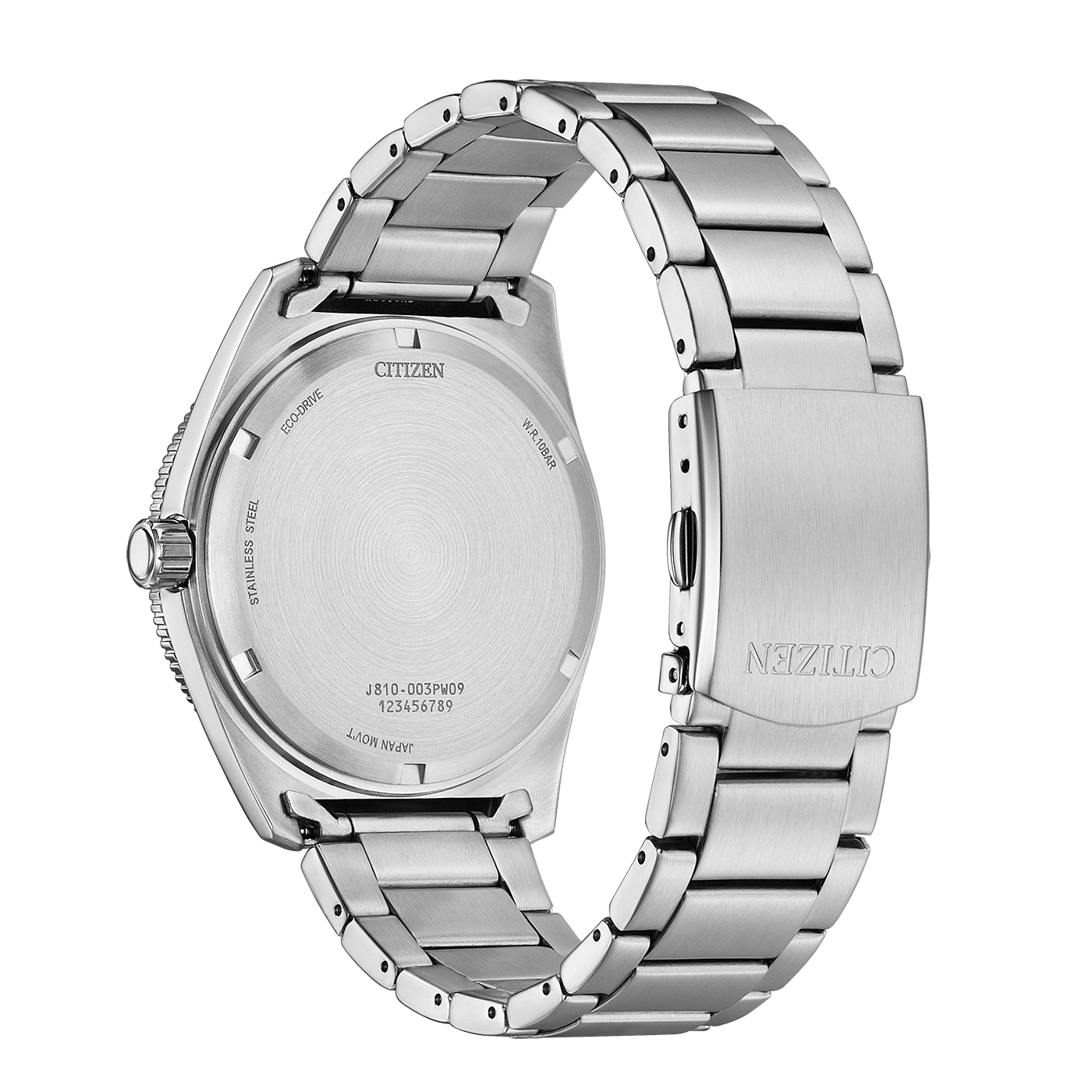 Rückseite einer silbernen Citizen Eco-Drive Uhr mit Metallarmband.