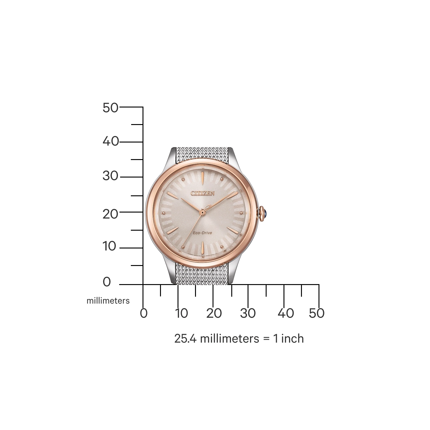 Citizen-Uhr mit roségoldfarbenen Akzenten, Mesh-Armband und Eco-Drive-Technologie, mit Millimeterskala.