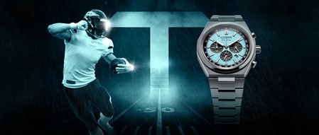 Footballspieler mit Uhr im Regen, Citizen-Uhrenwerbung.