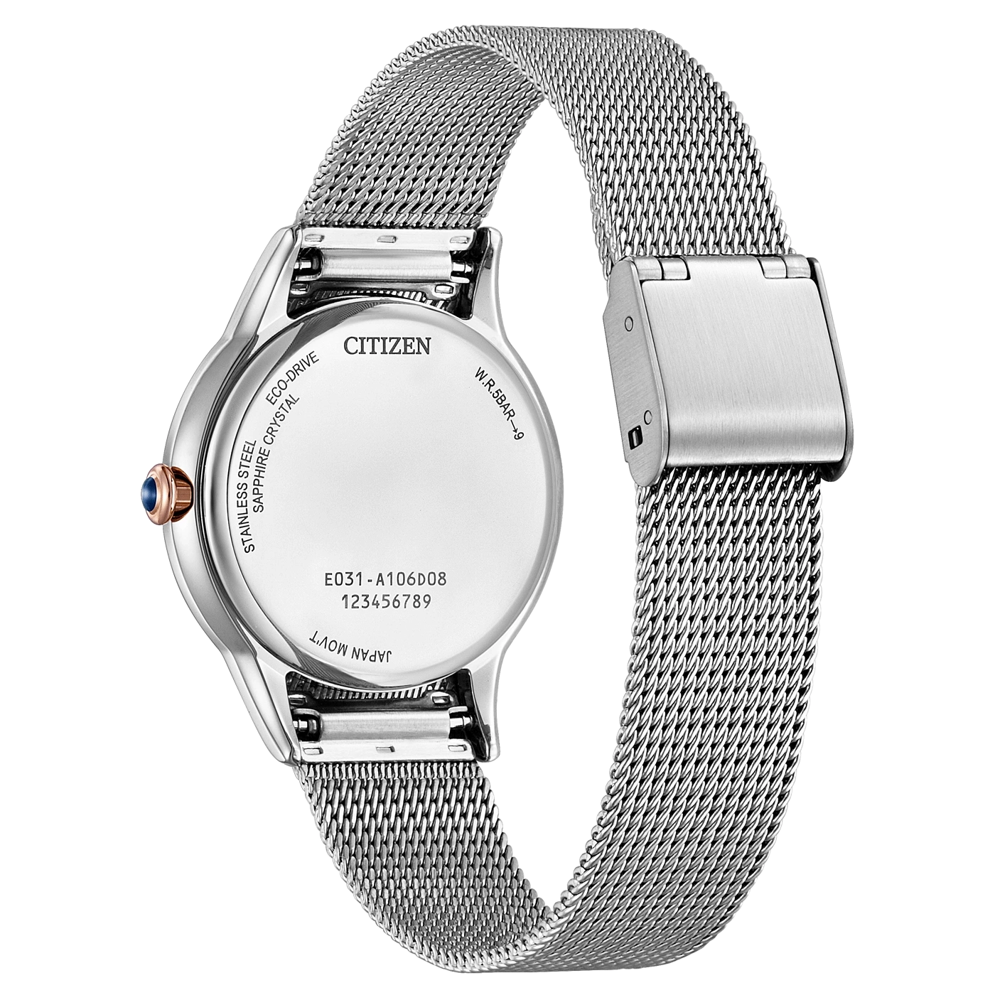 Citizen-Uhrrückseite, Edelstahl, Saphirglas, Eco-Drive, Mesh-Armband, W.R.5BAR