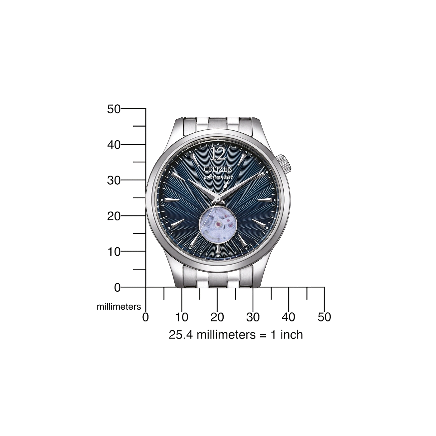 Citizen Automatikuhr mit blauem Zifferblatt und silbernem Armband, zeigt Millimeter.