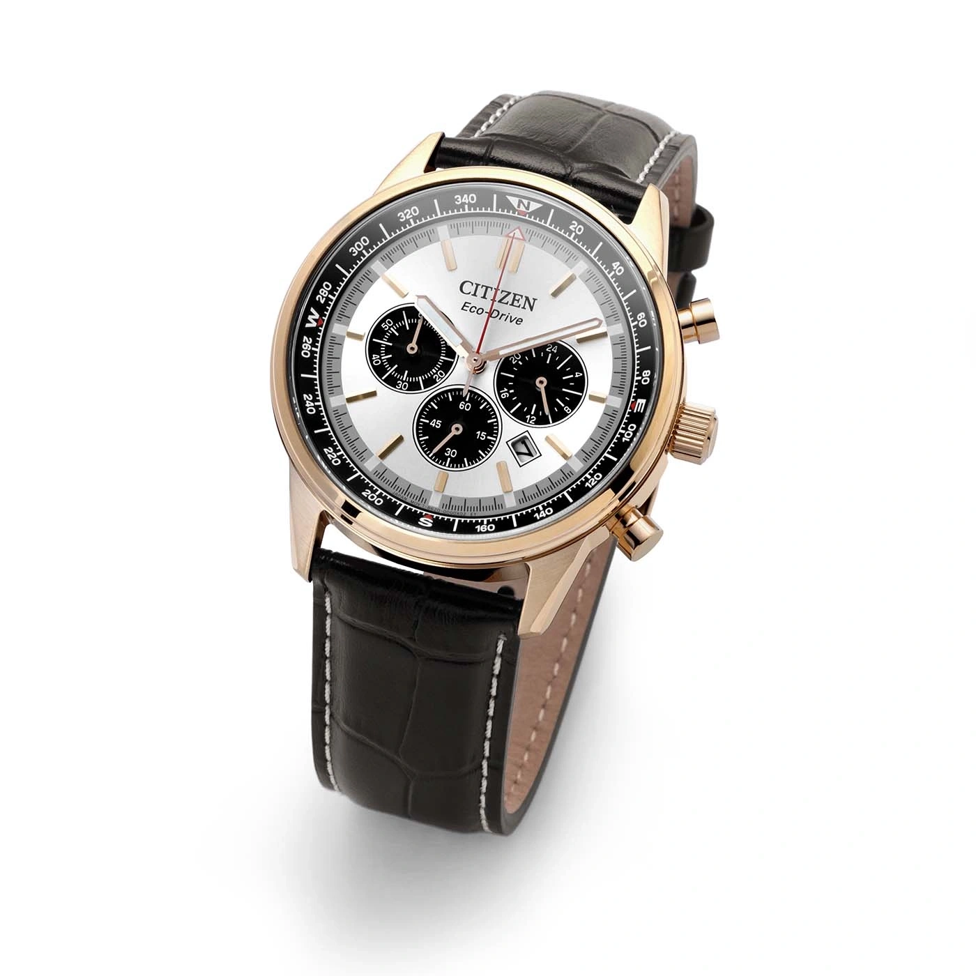 Eine Citizen Eco-Drive Chronograph-Uhr in Roségold mit weißem Zifferblatt und schwarzem Lederarmband.