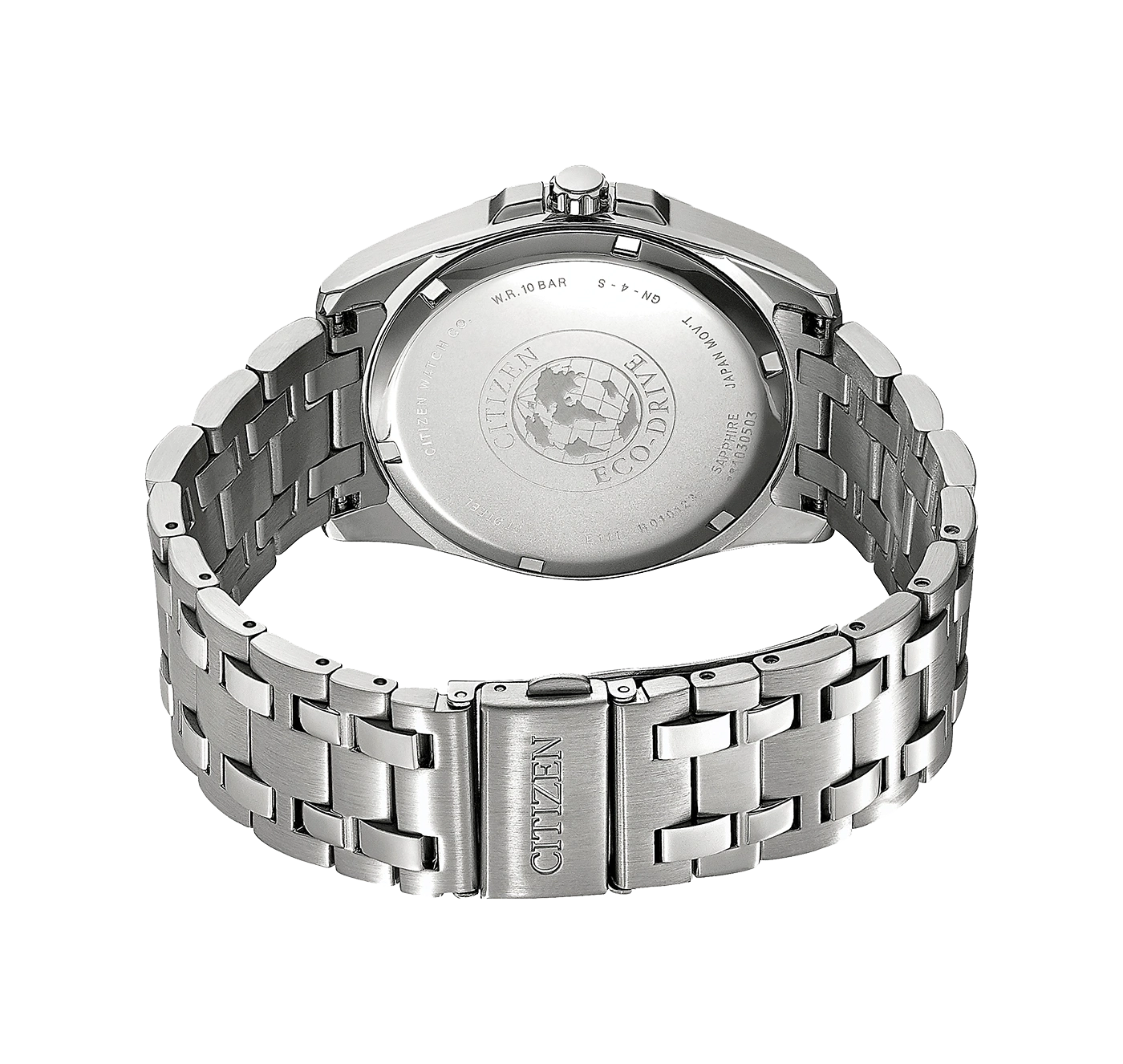 Citizen-Uhrrückseite mit Eco-Drive, Saphir und Edelstahlarmband.