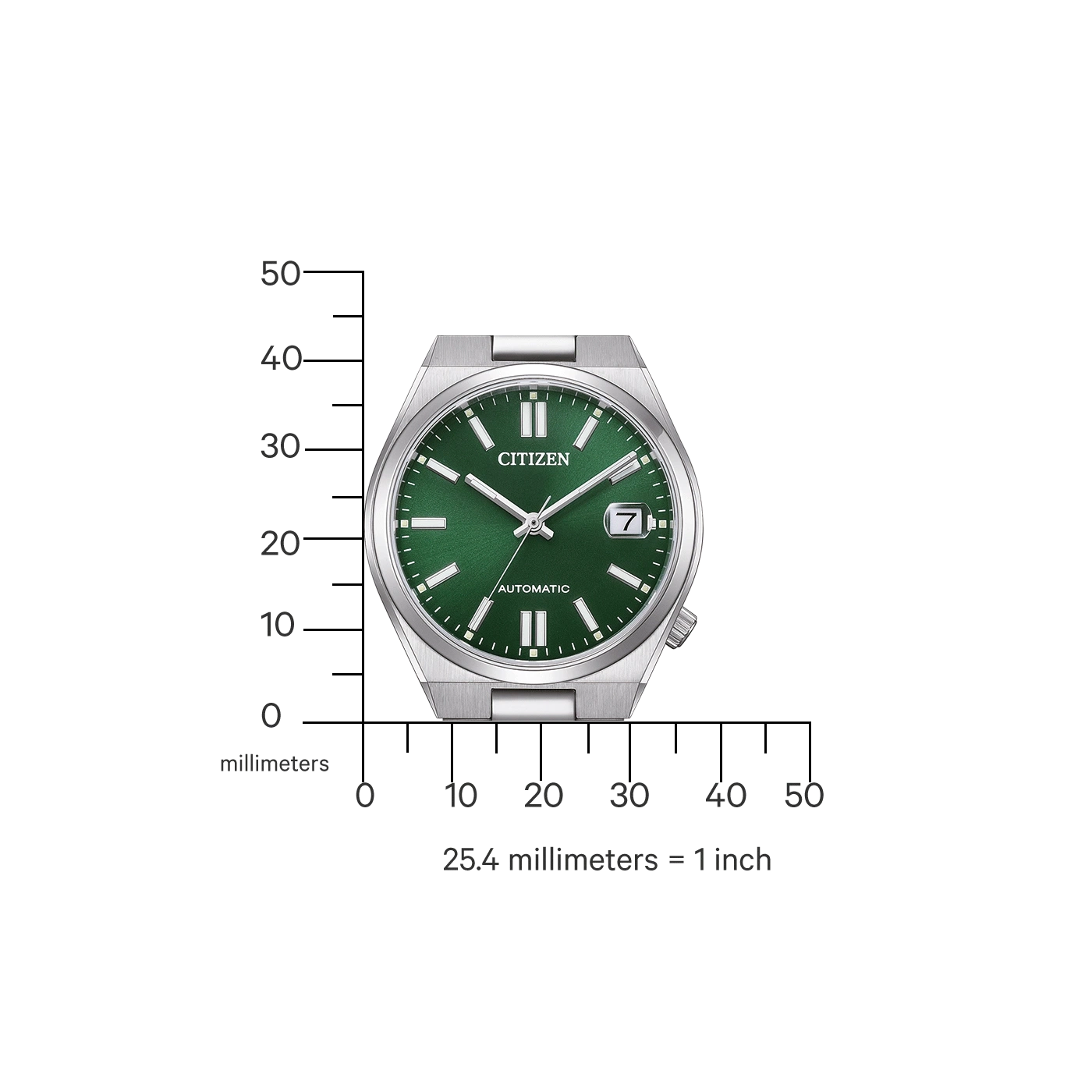 Citizen-Uhr mit grünem Zifferblatt, Automatik, Datumsanzeige und Millimeterskala.