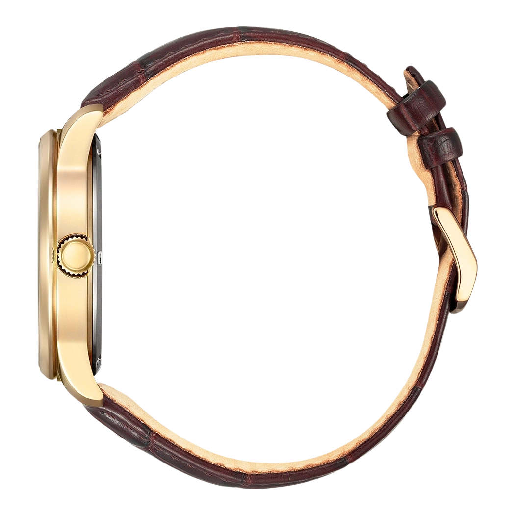 Seitenansicht einer goldenen Uhr mit braunem Lederarmband.