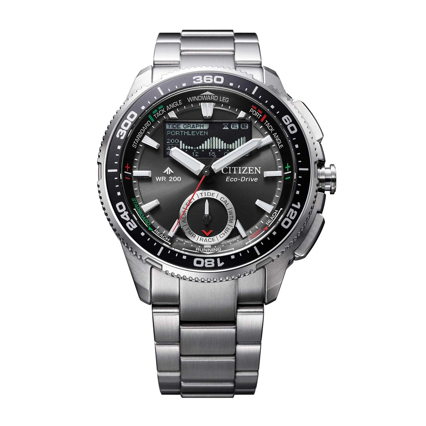 Eine Citizen Eco-Drive Uhr mit dunklem Zifferblatt, silbernem Band und Gezeitenanzeige.