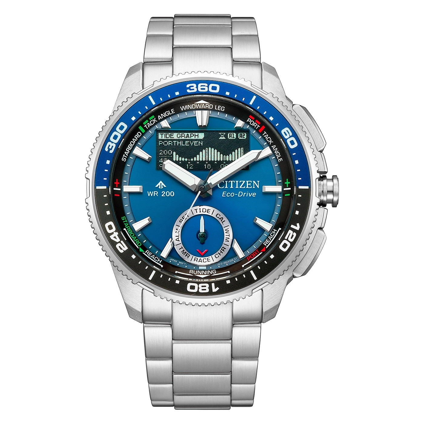 Eine Citizen Eco-Drive Uhr mit blauem Zifferblatt und Metallarmband.
