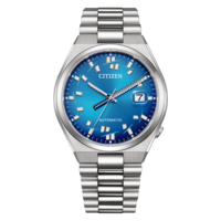 Eine blaue Citizen Automatik-Uhr mit Datumsfenster und Metallband.