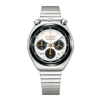 Eine silberne Citizen Chronographenuhr mit weißem Zifferblatt und orangefarbenen Akzenten.