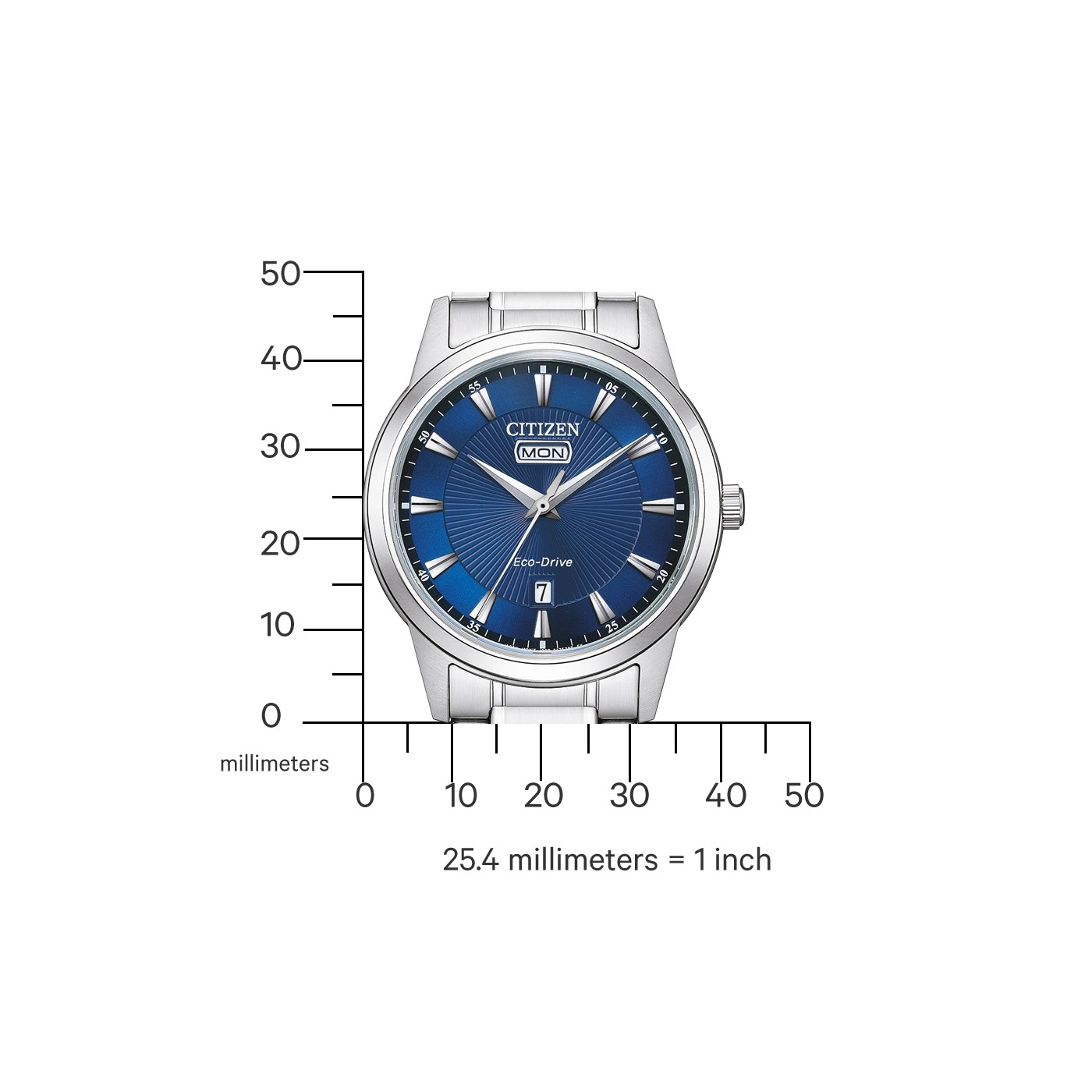 Citizen-Uhr mit blauem Zifferblatt, Eco-Drive und Datumsanzeige, Edelstahlband.