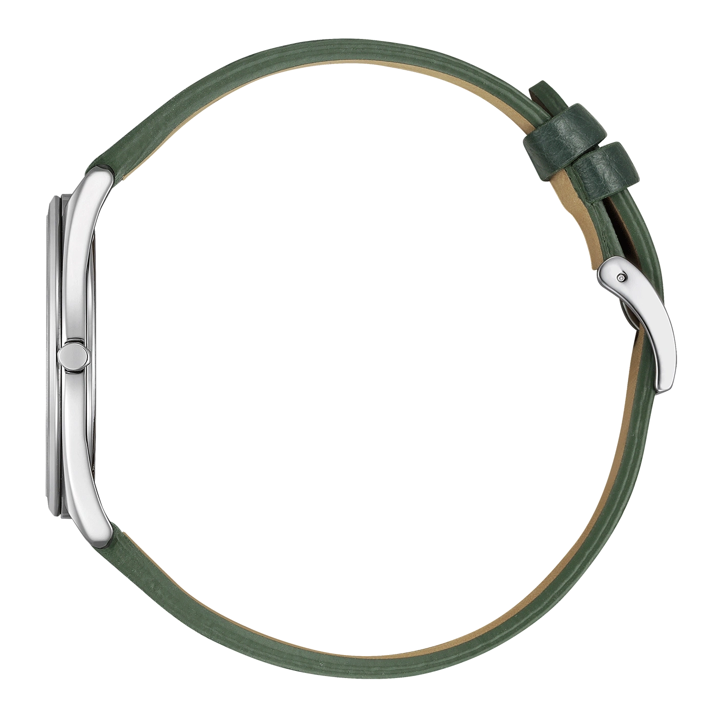 Seitenansicht einer silbernen Uhr mit grünem Lederarmband.