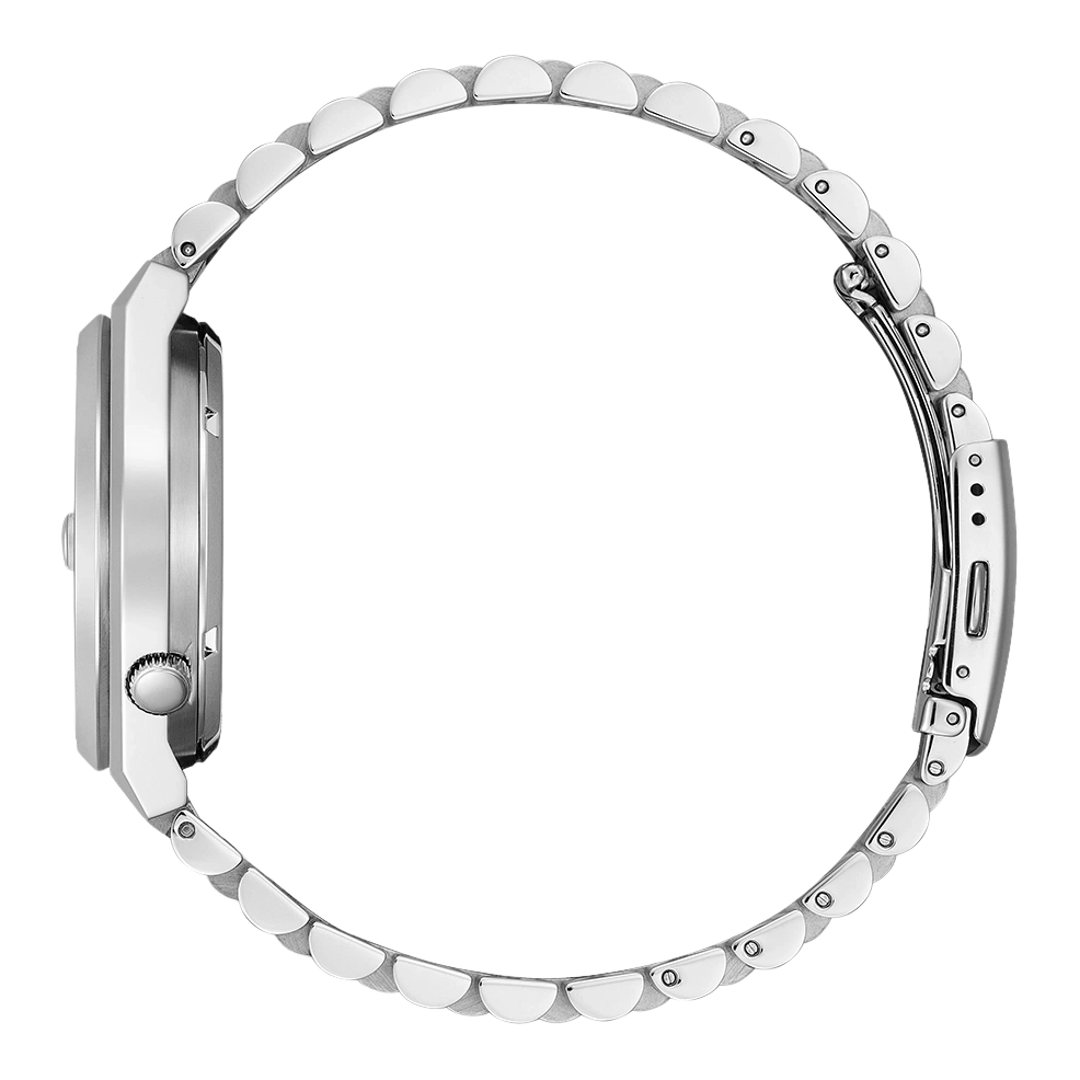 Seitenansicht einer silbernen Uhr mit Metallband, elegantes Design.